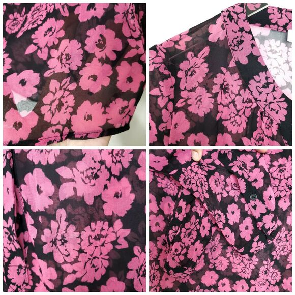 MILLY Blouse Shirt Size 2 Pink Black Brooke Floral Print Chiffon - Picture 6 of 10